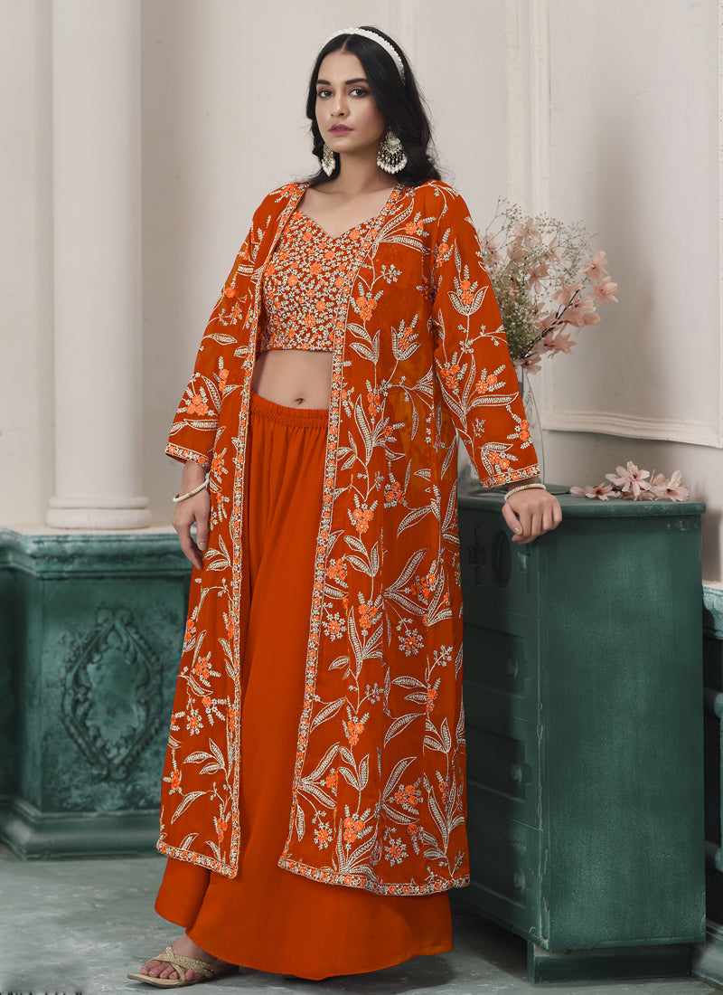 Vegaa Fashion Orange Faux Georgette Embroidered Western Sharara Suit