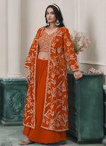 Thumbnail for Vegaa Fashion Orange Faux Georgette Embroidered Western Sharara Suit