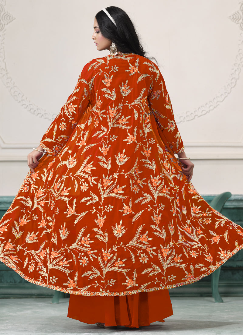 Vegaa Fashion Orange Faux Georgette Embroidered Western Sharara Suit