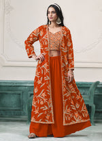 Thumbnail for Vegaa Fashion Orange Faux Georgette Embroidered Western Sharara Suit