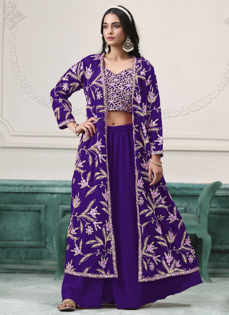 Vegaa Fashion Violet Faux Georgette Embroidered Western Sharara Suit - Distacart