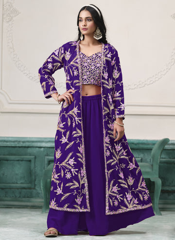 Vegaa Fashion Violet Faux Georgette Embroidered Western Sharara Suit - Distacart