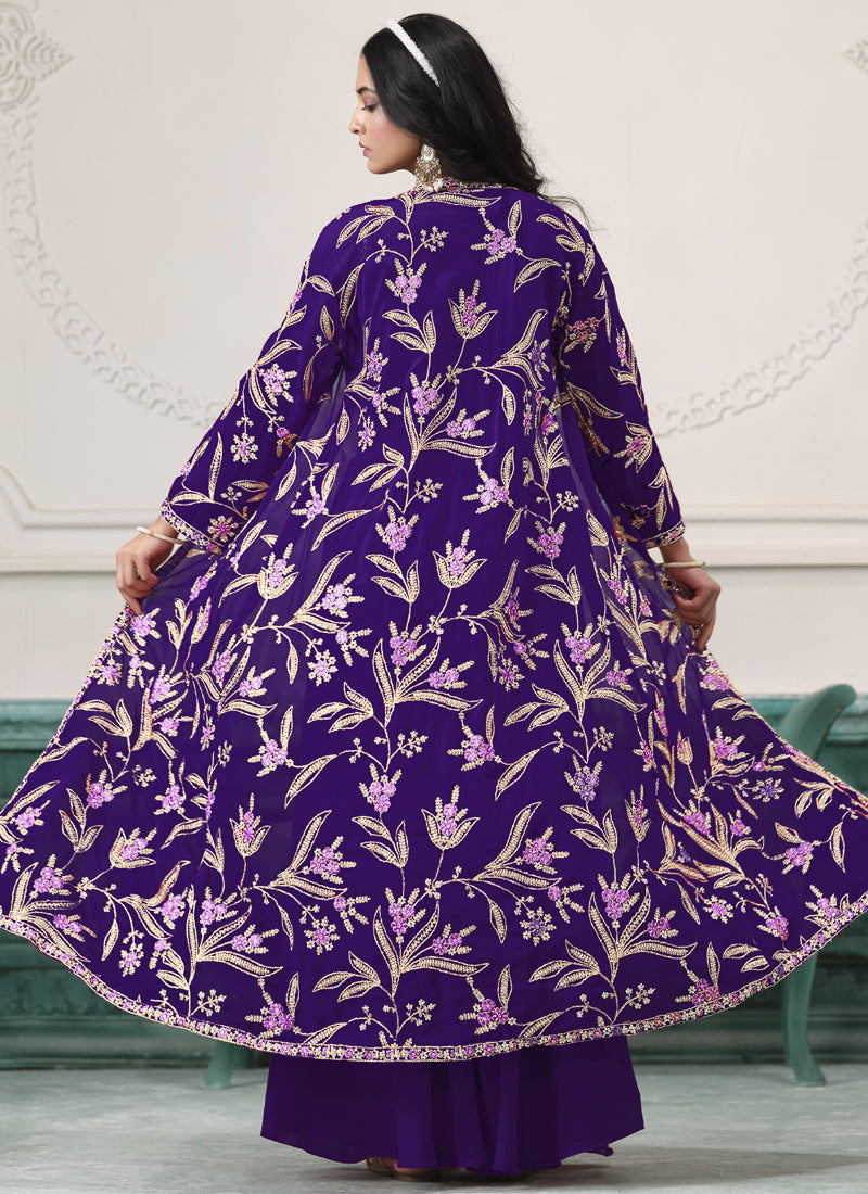 Vegaa Fashion Violet Faux Georgette Embroidered Western Sharara Suit