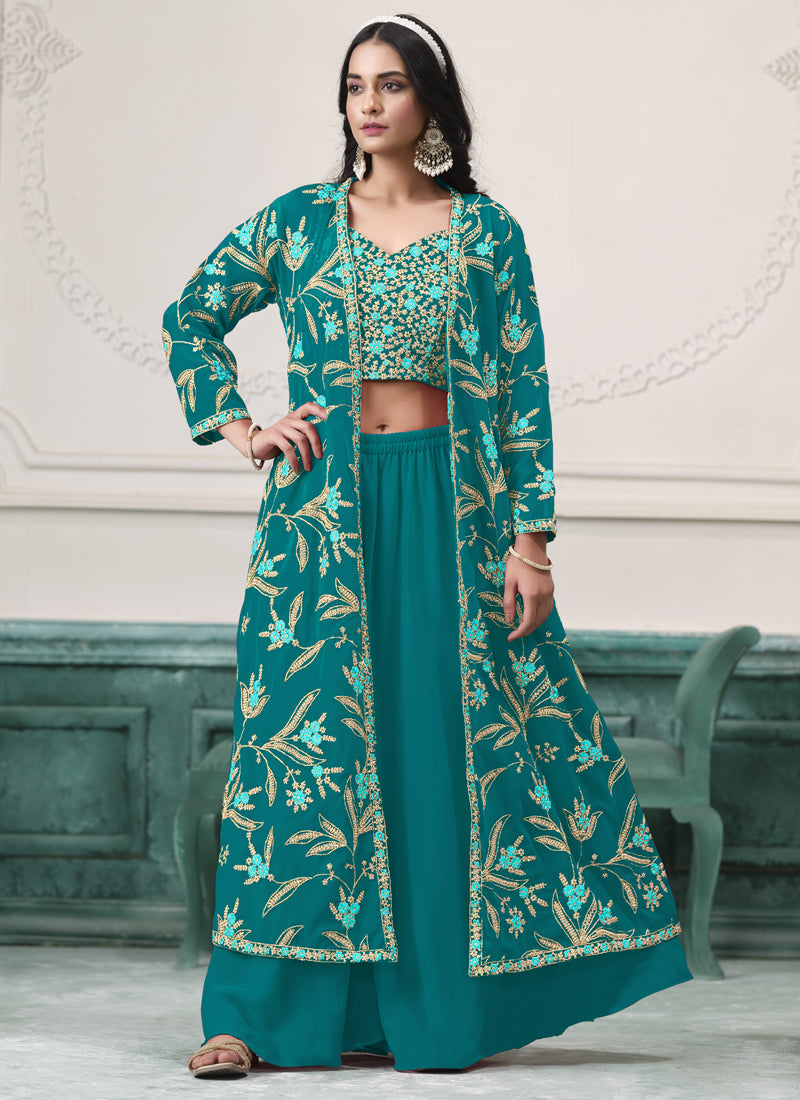 Vegaa Fashion Firozi Faux Georgette Embroidered Western Sharara Suit - Distacart