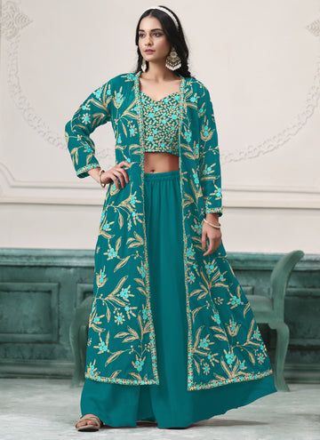 Vegaa Fashion Firozi Faux Georgette Embroidered Western Sharara Suit - Distacart