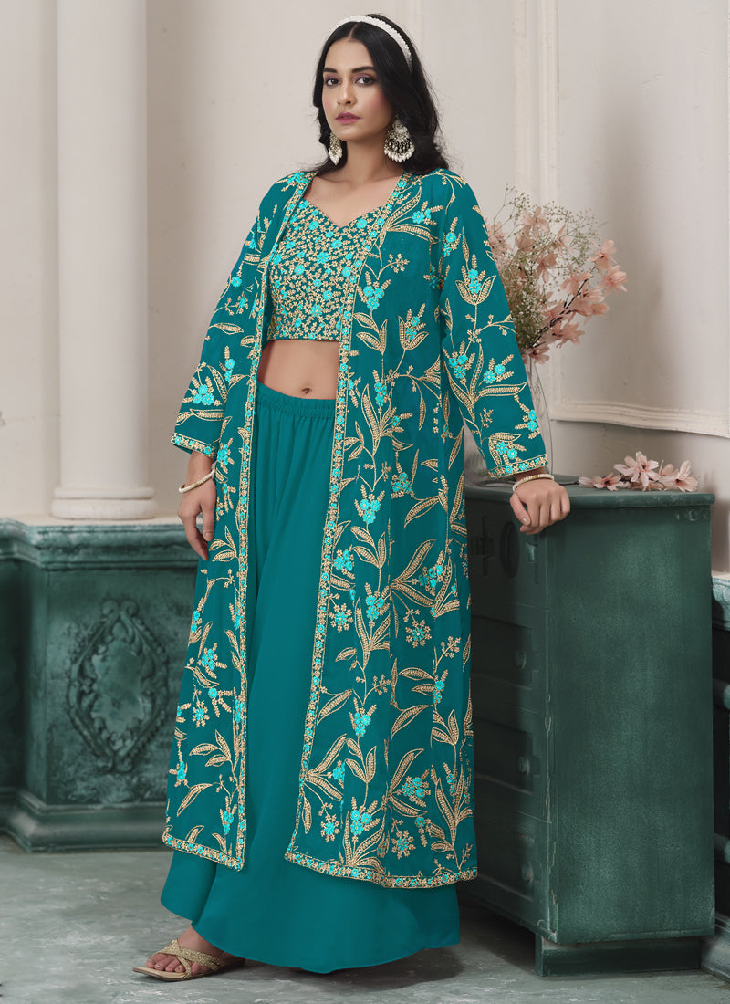 Vegaa Fashion Firozi Faux Georgette Embroidered Western Sharara Suit