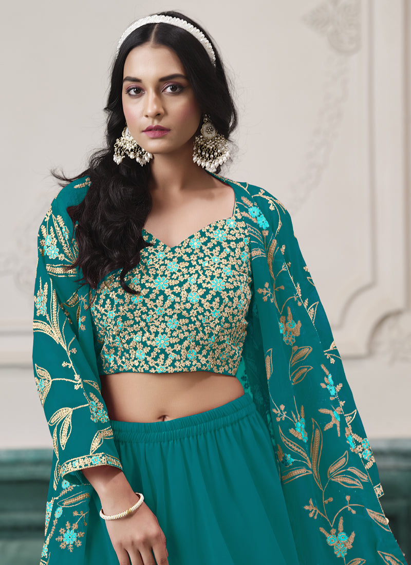 Vegaa Fashion Firozi Faux Georgette Embroidered Western Sharara Suit