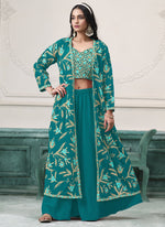 Thumbnail for Vegaa Fashion Firozi Faux Georgette Embroidered Western Sharara Suit