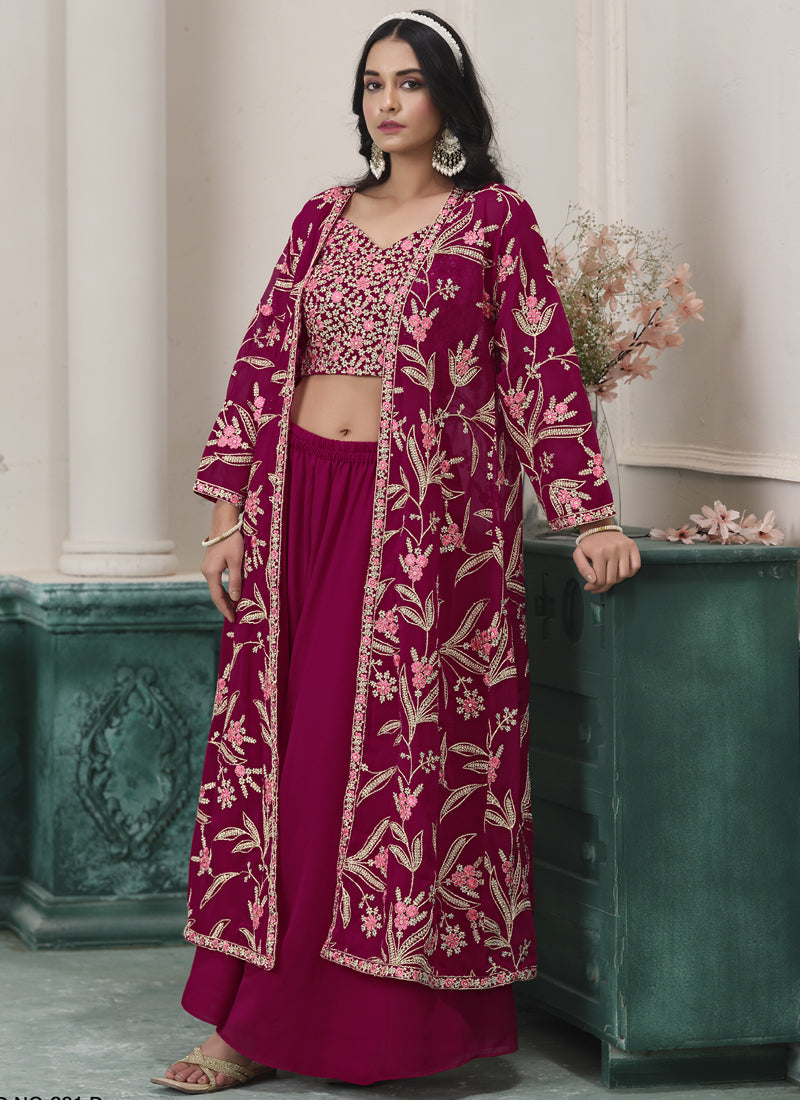 Vegaa Fashion Wine Faux Georgette Embroidered Western Sharara Suit - Distacart