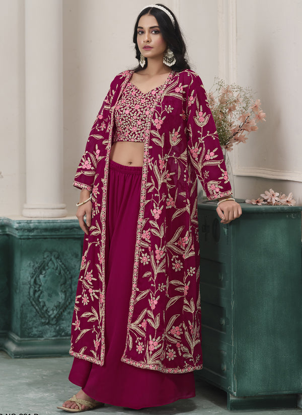 Vegaa Fashion Wine Faux Georgette Embroidered Western Sharara Suit