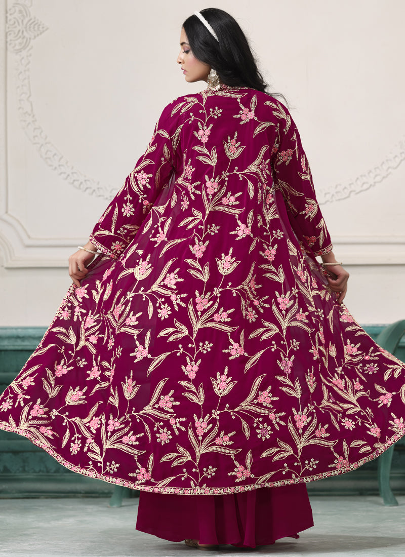 Vegaa Fashion Wine Faux Georgette Embroidered Western Sharara Suit