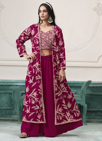 Vegaa Fashion Wine Faux Georgette Embroidered Western Sharara Suit