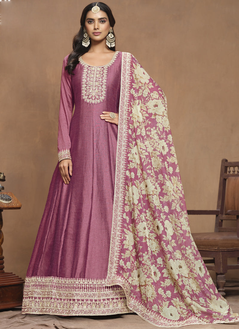 Vegaa Fashion Onion Pink Art Silk Embroidered Anarkali Suit - Distacart
