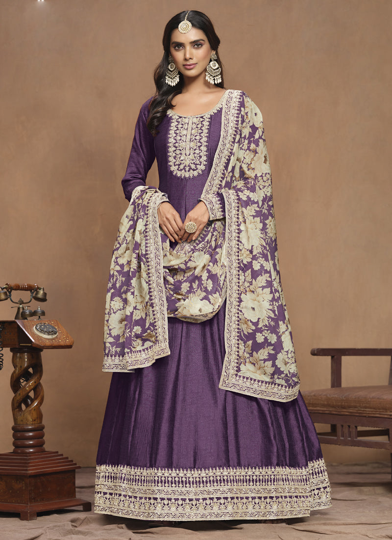 Vegaa Fashion Purple Art Silk Embroidered Anarkali Suit
