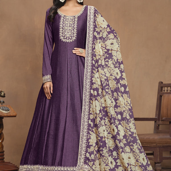 Vegaa Fashion Purple Art Silk Embroidered Anarkali Suit - Distacart