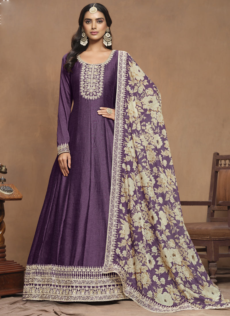 Vegaa Fashion Purple Art Silk Embroidered Anarkali Suit - Distacart