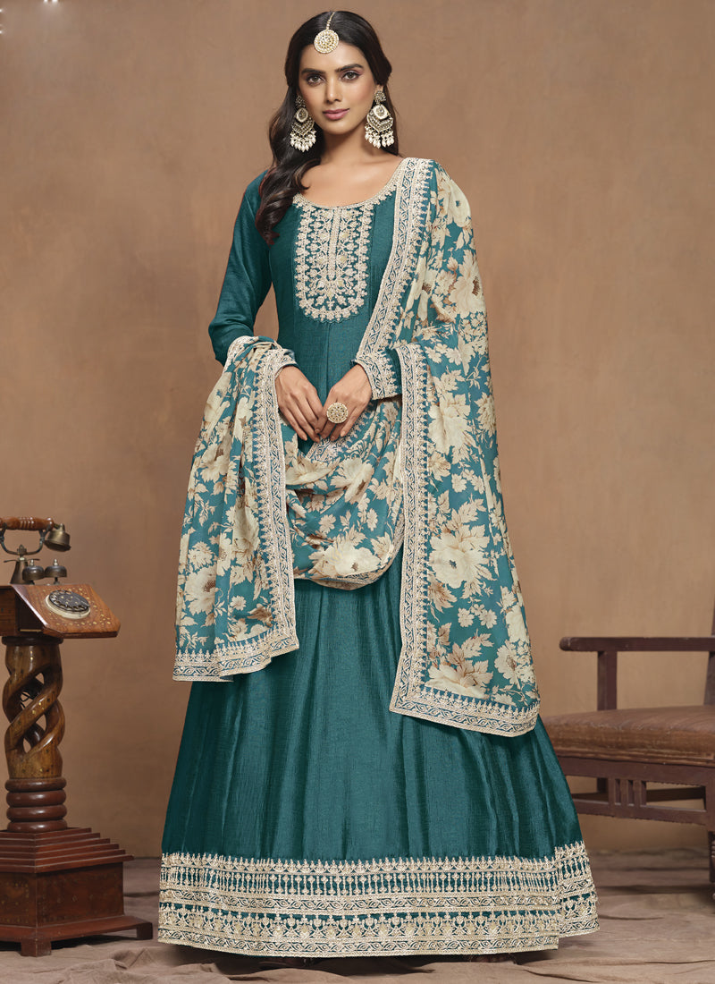 Vegaa Fashion Turquoise Art Silk Embroidered Anarkali Suit