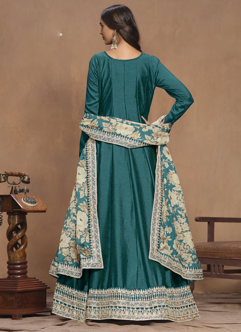 Vegaa Fashion Turquoise Art Silk Embroidered Anarkali Suit