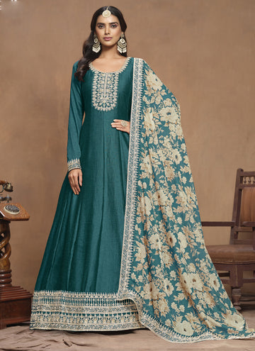Vegaa Fashion Turquoise Art Silk Embroidered Anarkali Suit - Distacart