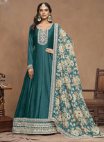 Thumbnail for Vegaa Fashion Turquoise Art Silk Embroidered Anarkali Suit