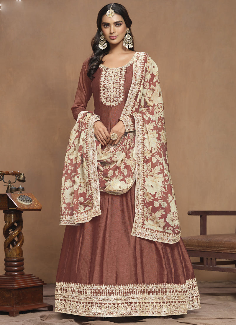 Vegaa Fashion Brown Art Silk Embroidered Anarkali Suit