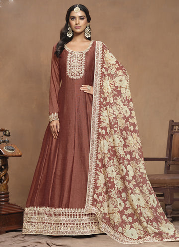 Vegaa Fashion Brown Art Silk Embroidered Anarkali Suit - Distacart