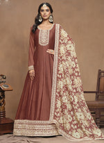 Thumbnail for Vegaa Fashion Brown Art Silk Embroidered Anarkali Suit