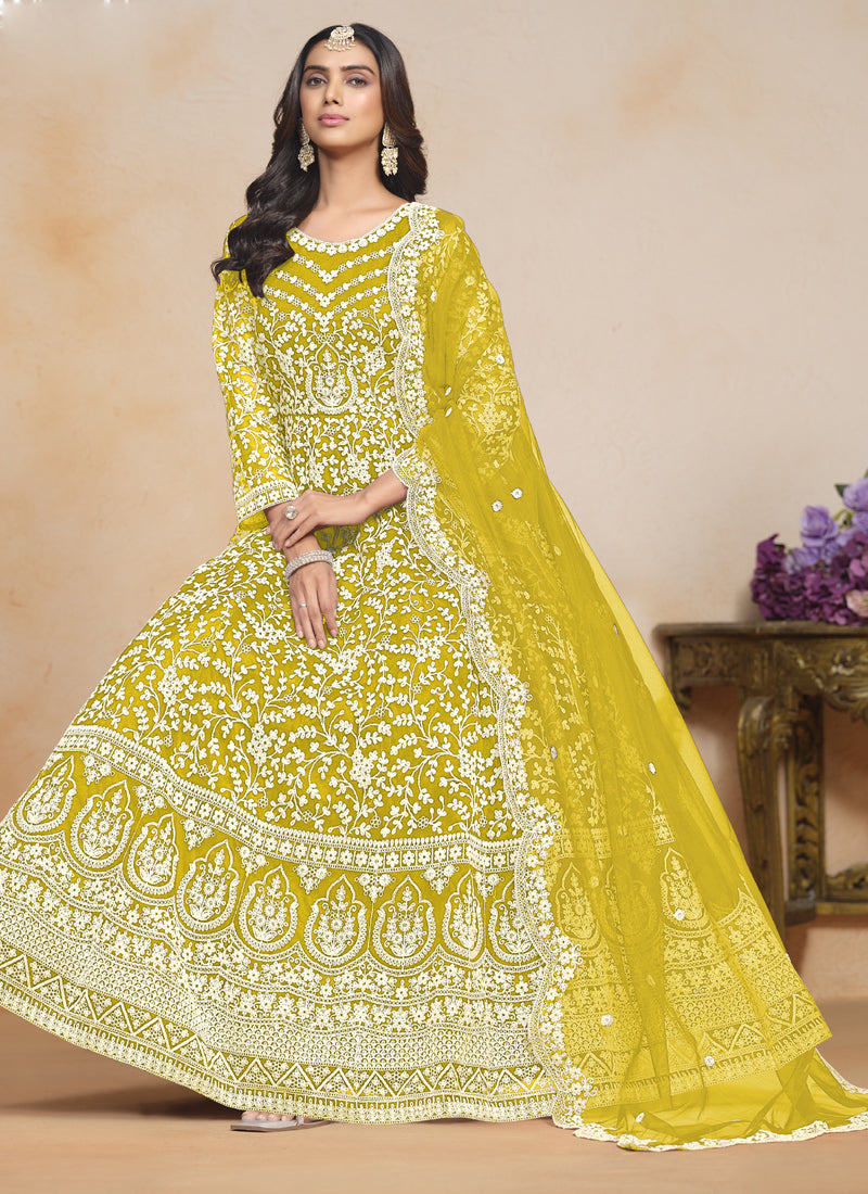 Vegaa Fashion Yellow Net Embroidered Designer Anarkali Suit