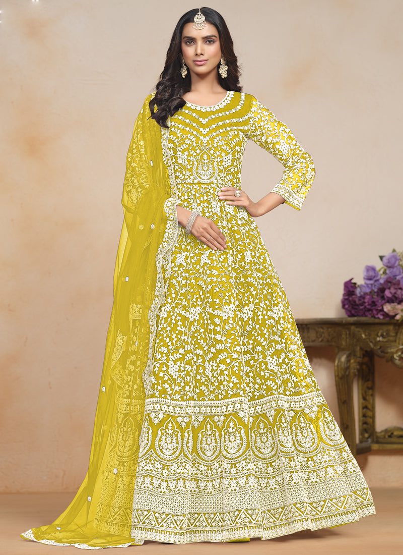 Vegaa Fashion Yellow Net Embroidered Designer Anarkali Suit