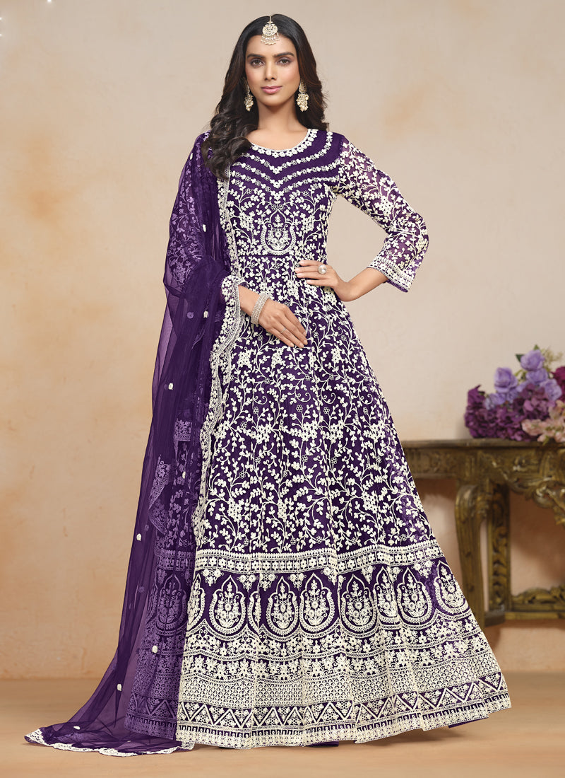 Vegaa Fashion Violet Net Embroidered Designer Anarkali Suit - Distacart