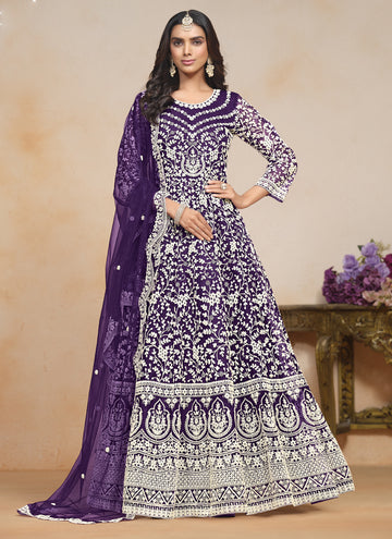 Vegaa Fashion Violet Net Embroidered Designer Anarkali Suit - Distacart