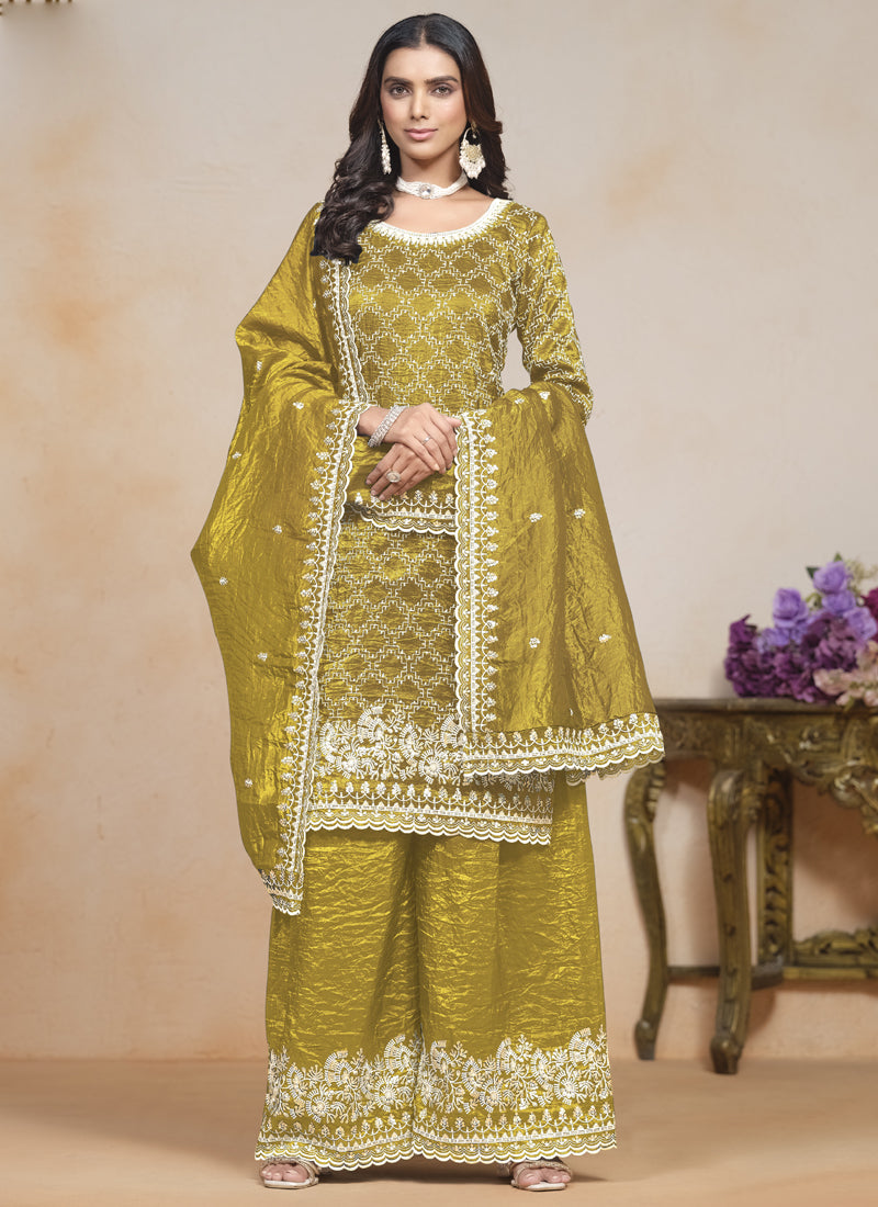Vegaa Fashion Yellow Silk Embroidered Designer Palazzo Suit