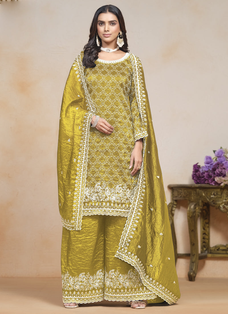 Vegaa Fashion Yellow Silk Embroidered Designer Palazzo Suit