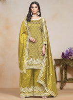 Thumbnail for Vegaa Fashion Yellow Silk Embroidered Designer Palazzo Suit