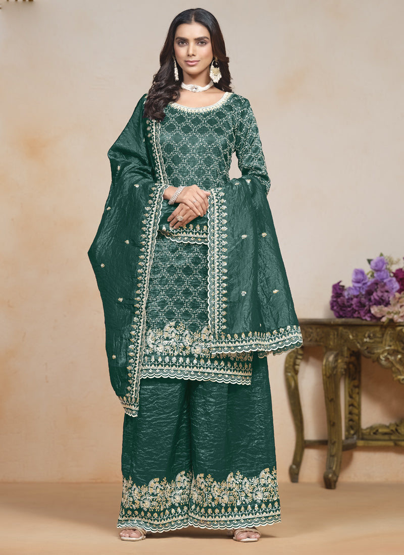 Vegaa Fashion Teal Green Silk Embroidered Designer Palazzo Suit - Distacart
