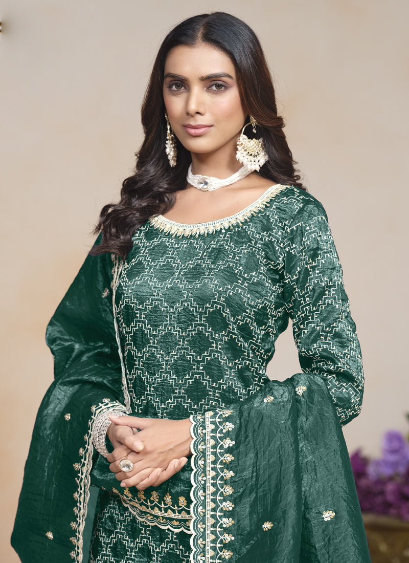 Vegaa Fashion Teal Green Silk Embroidered Designer Palazzo Suit