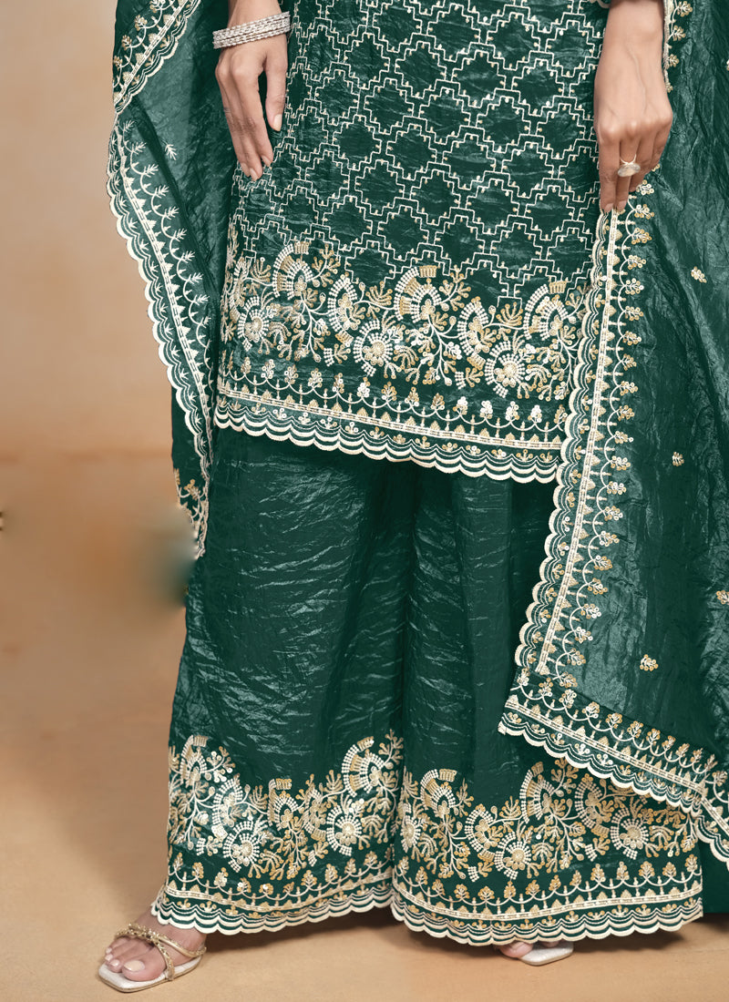 Vegaa Fashion Teal Green Silk Embroidered Designer Palazzo Suit