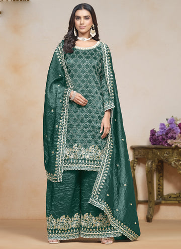Vegaa Fashion Teal Green Silk Embroidered Designer Palazzo Suit - Distacart
