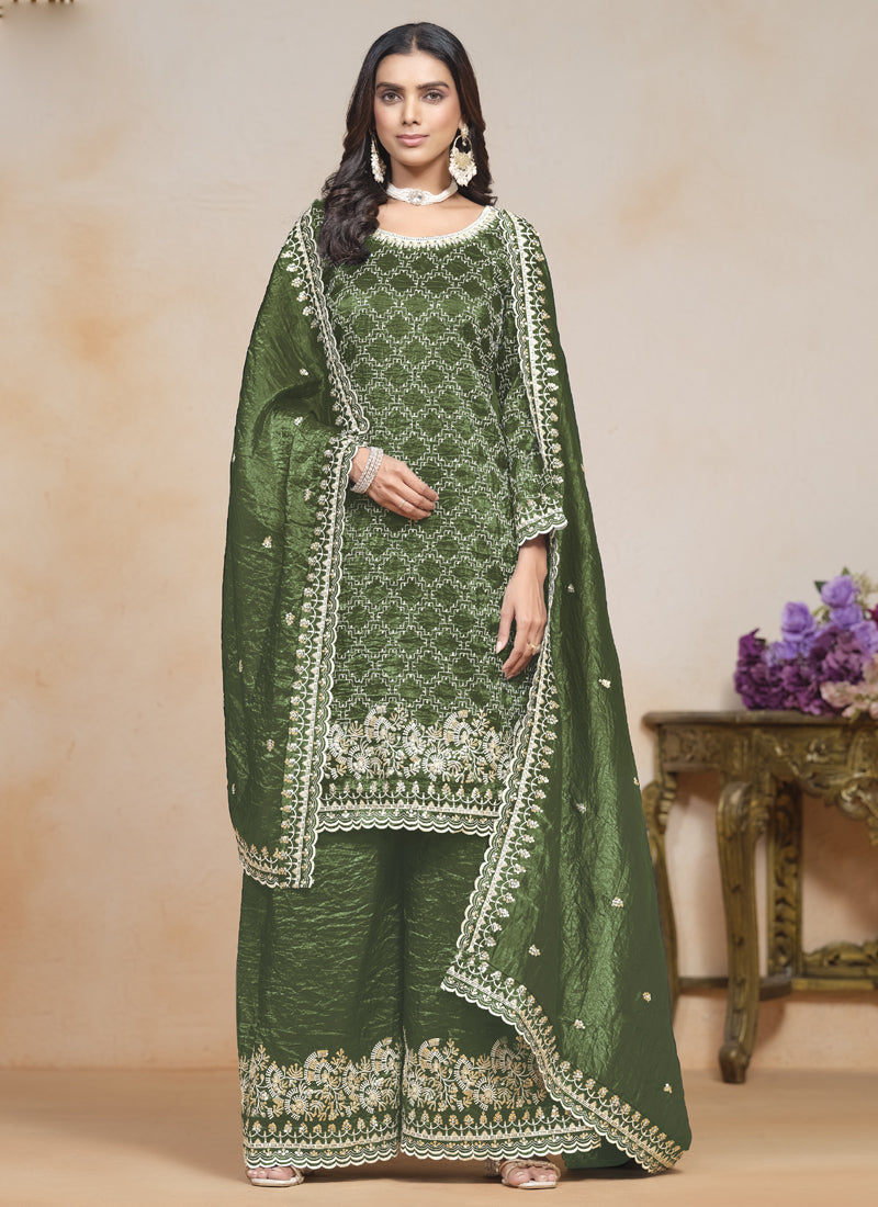 Vegaa Fashion Mahendi Silk Embroidered Designer Palazzo Suit - Distacart