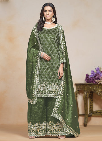 Vegaa Fashion Mahendi Silk Embroidered Designer Palazzo Suit - Distacart