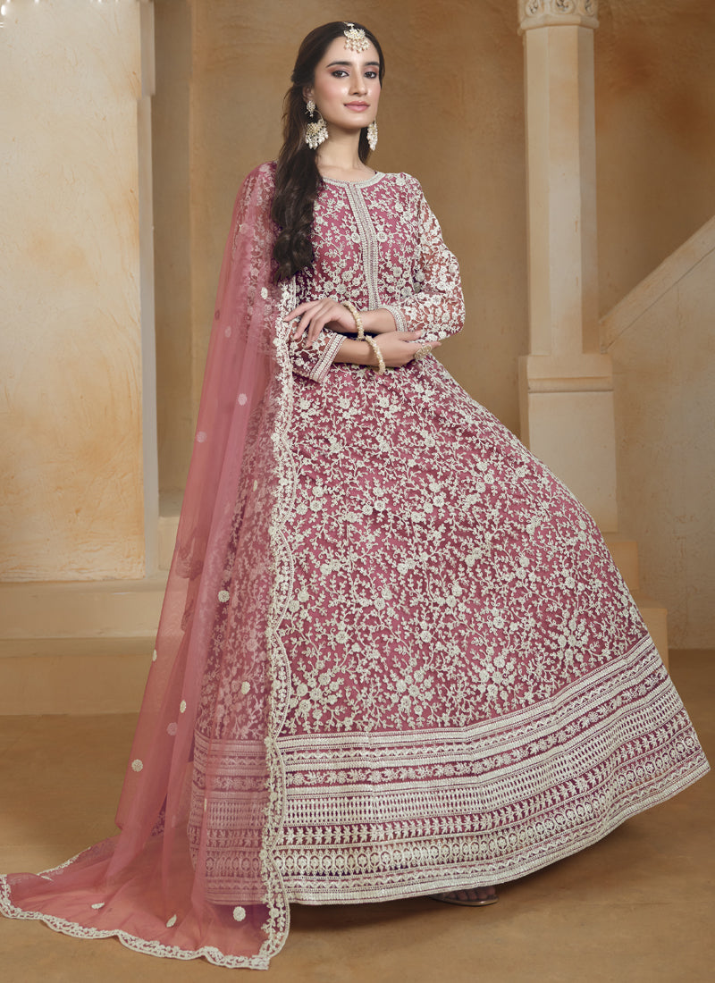 Vegaa Fashion Onion Pink Net Embroidered Anarkali Suit