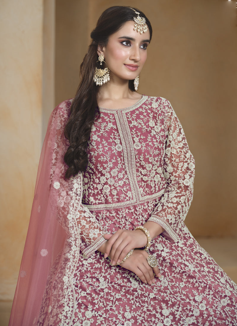 Vegaa Fashion Onion Pink Net Embroidered Anarkali Suit