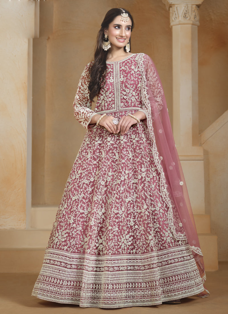 Vegaa Fashion Onion Pink Net Embroidered Anarkali Suit