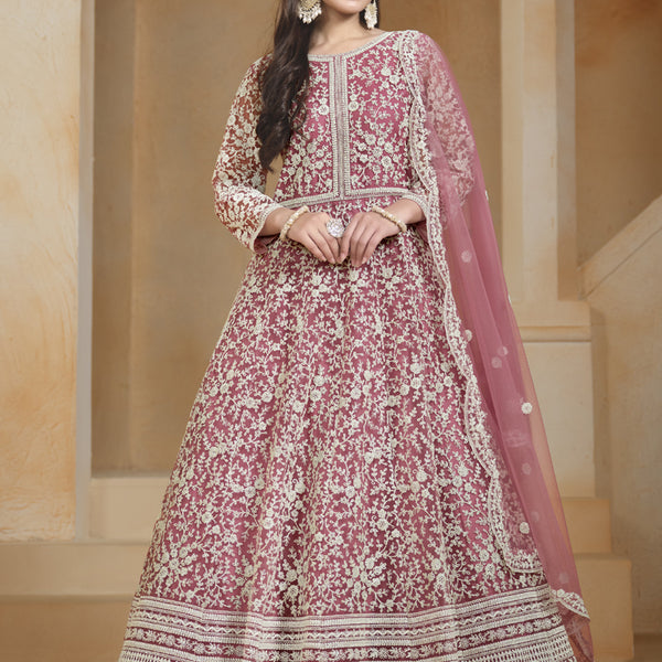 Vegaa Fashion Onion Pink Net Embroidered Anarkali Suit - Distacart