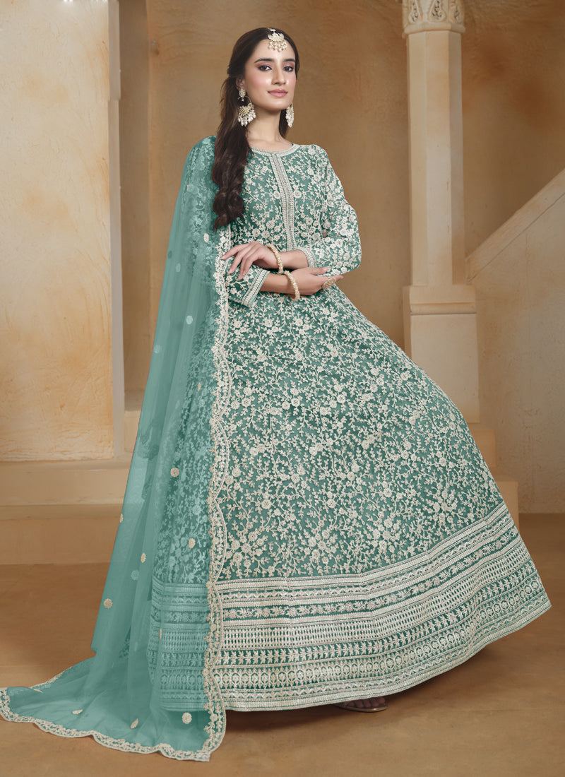 Vegaa Fashion Sea Green Net Embroidered Anarkali Suit