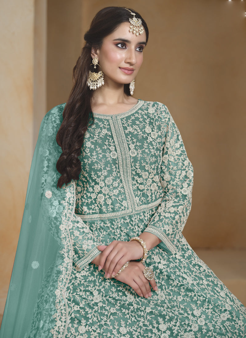 Vegaa Fashion Sea Green Net Embroidered Anarkali Suit