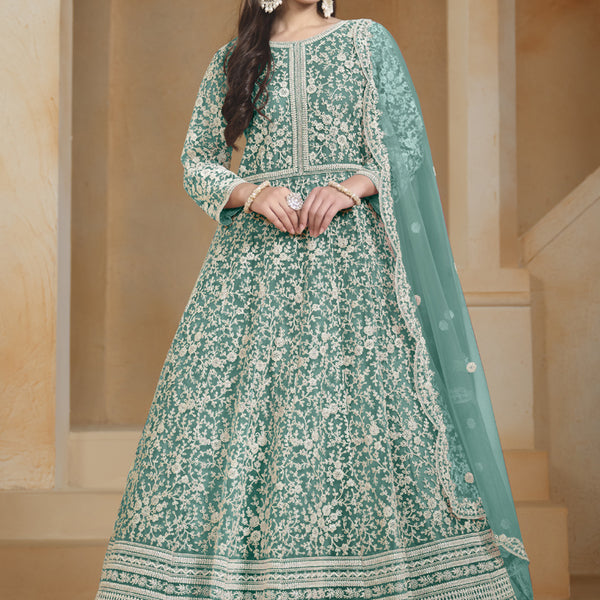 Vegaa Fashion Sea Green Net Embroidered Anarkali Suit - Distacart