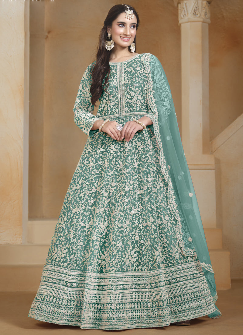 Vegaa Fashion Sea Green Net Embroidered Anarkali Suit - Distacart