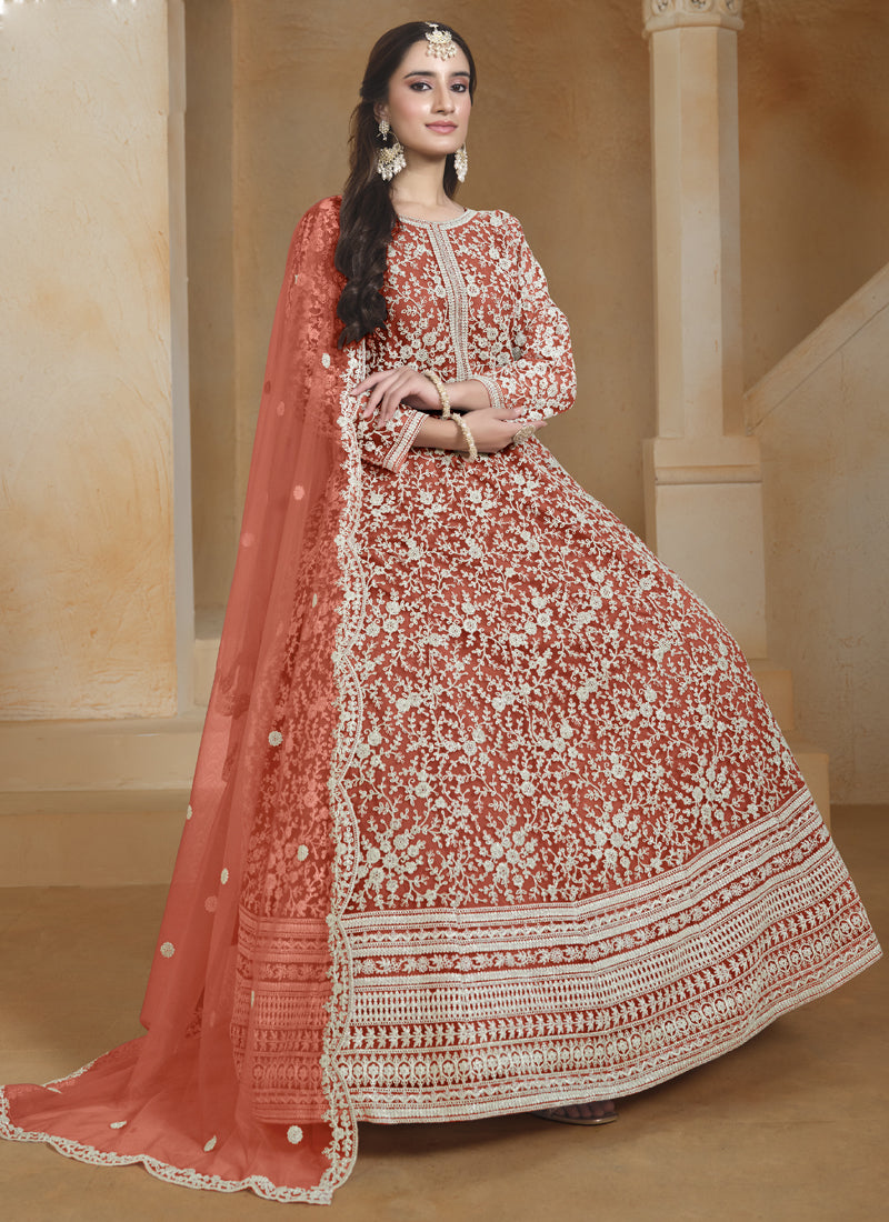 Vegaa Fashion Orange Net Embroidered Anarkali Suit