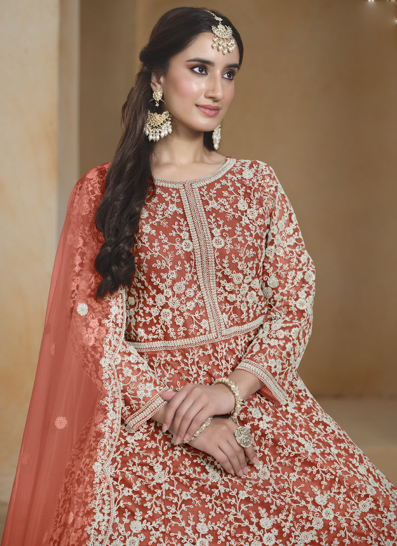 Vegaa Fashion Orange Net Embroidered Anarkali Suit
